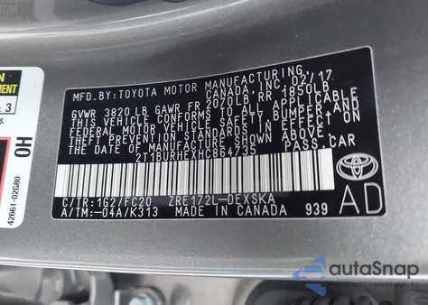 2017 Toyota Corolla L из США, поврежденный, VIN 2T1BURHEXHC864735